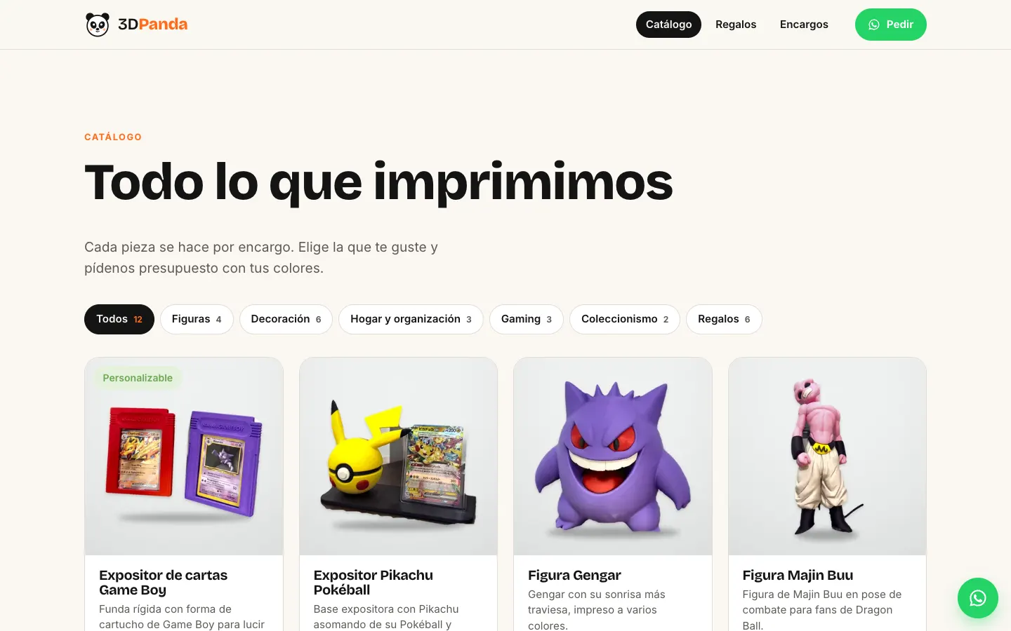 Catálogo de 3DPanda con filtros por categoría